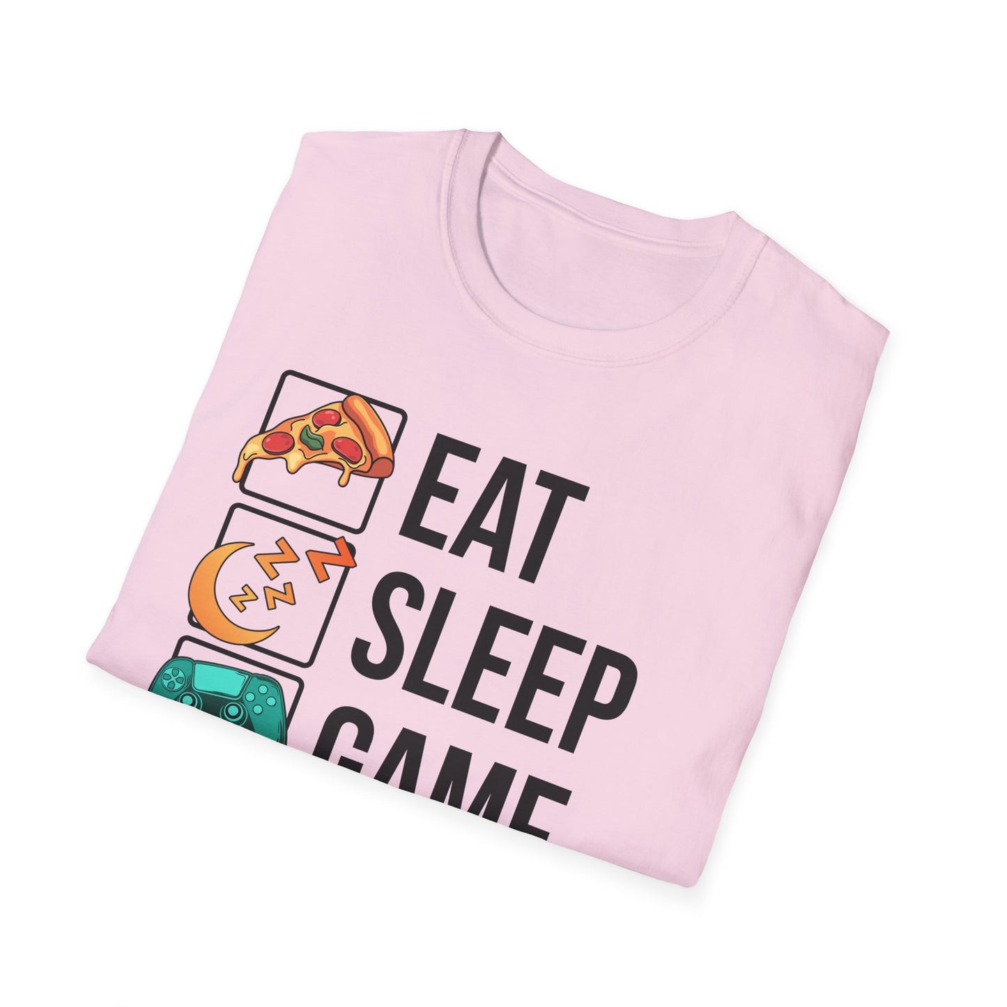 Eat. Sleep. Game. Repeat. graphic t-shirt in White with retro pizza, sleep mode and controller icons