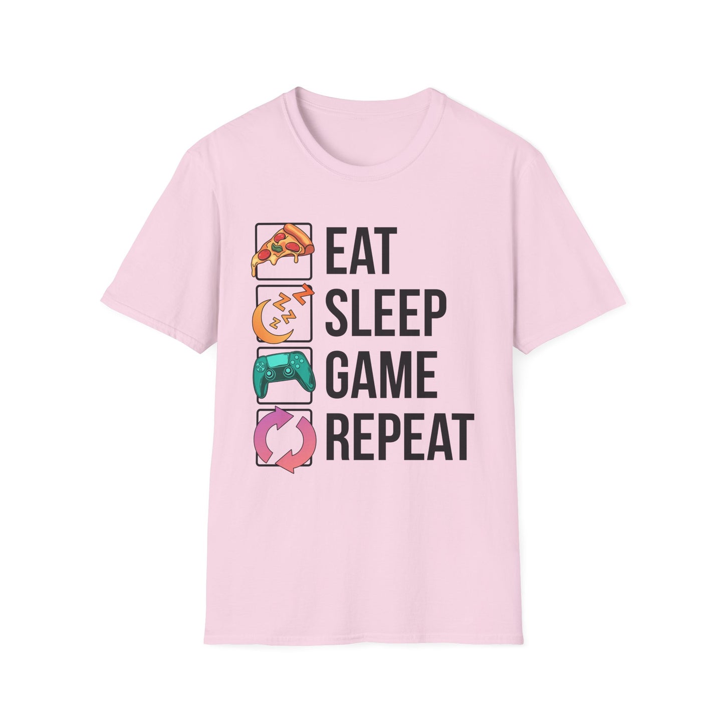 White unisex gamer tee featuring the Eat. Sleep. Game. Repeat. loop design