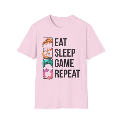White unisex gamer tee featuring the Eat. Sleep. Game. Repeat. loop design
