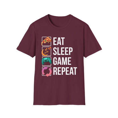 Eat. Sleep. Game. Repeat. graphic t-shirt in Black with retro pizza, sleep mode and controller icons