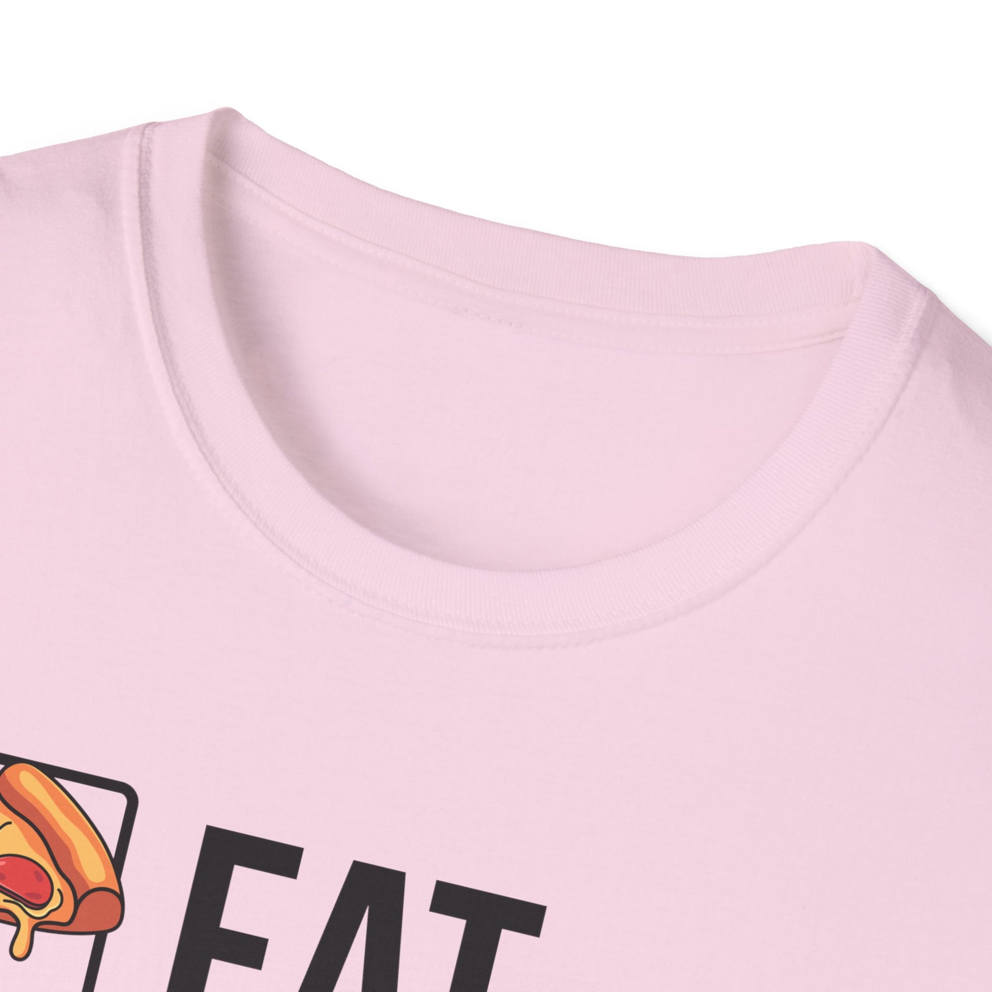 Eat. Sleep. Game. Repeat. graphic t-shirt in Sport Grey with retro pizza, sleep mode and controller icons