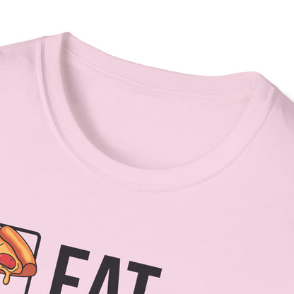 Eat. Sleep. Game. Repeat. graphic t-shirt in Sport Grey with retro pizza, sleep mode and controller icons
