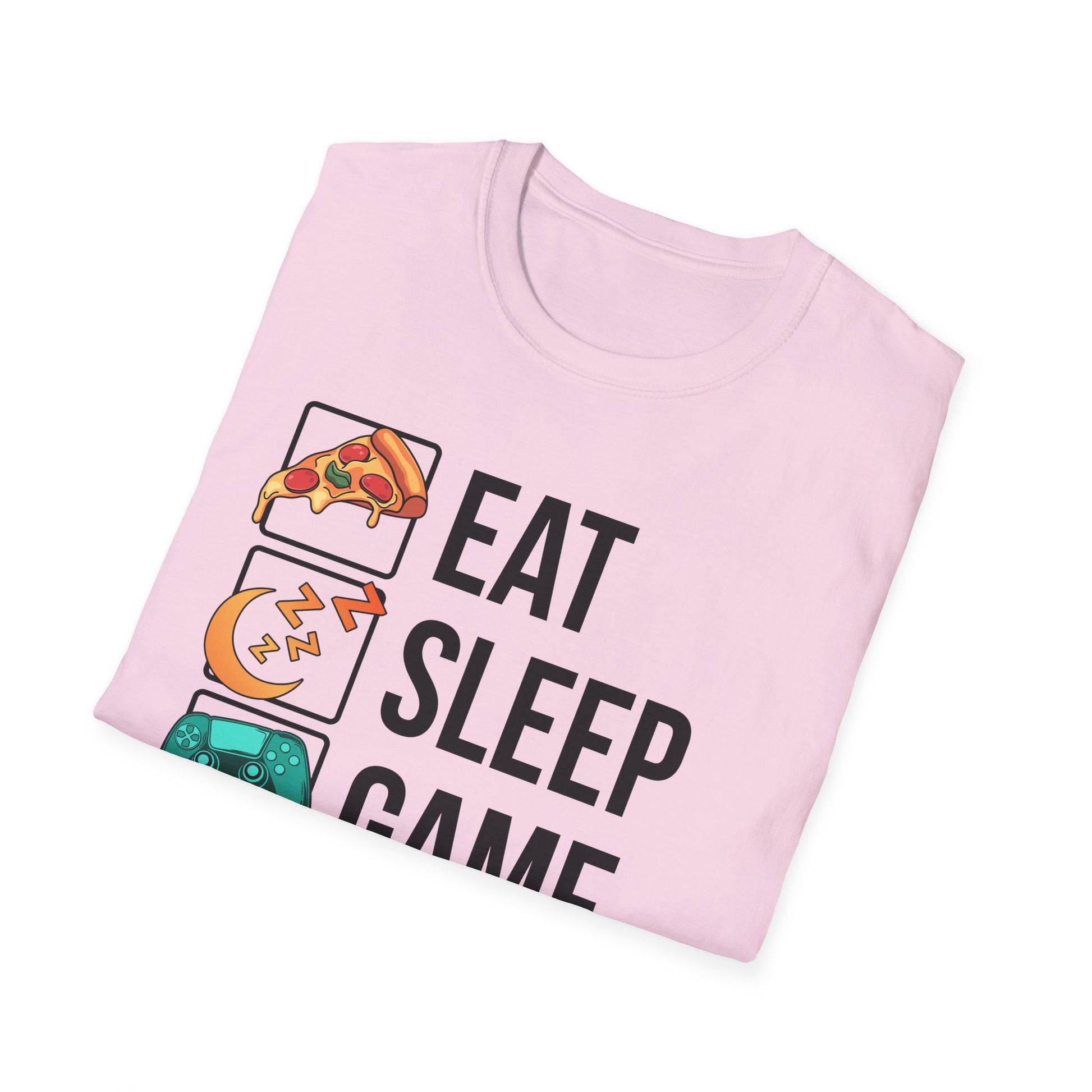 Eat. Sleep. Game. Repeat. graphic t-shirt in White with retro pizza, sleep mode and controller icons