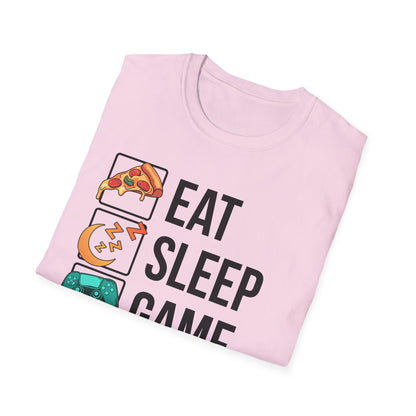 Eat. Sleep. Game. Repeat. graphic t-shirt in White with retro pizza, sleep mode and controller icons