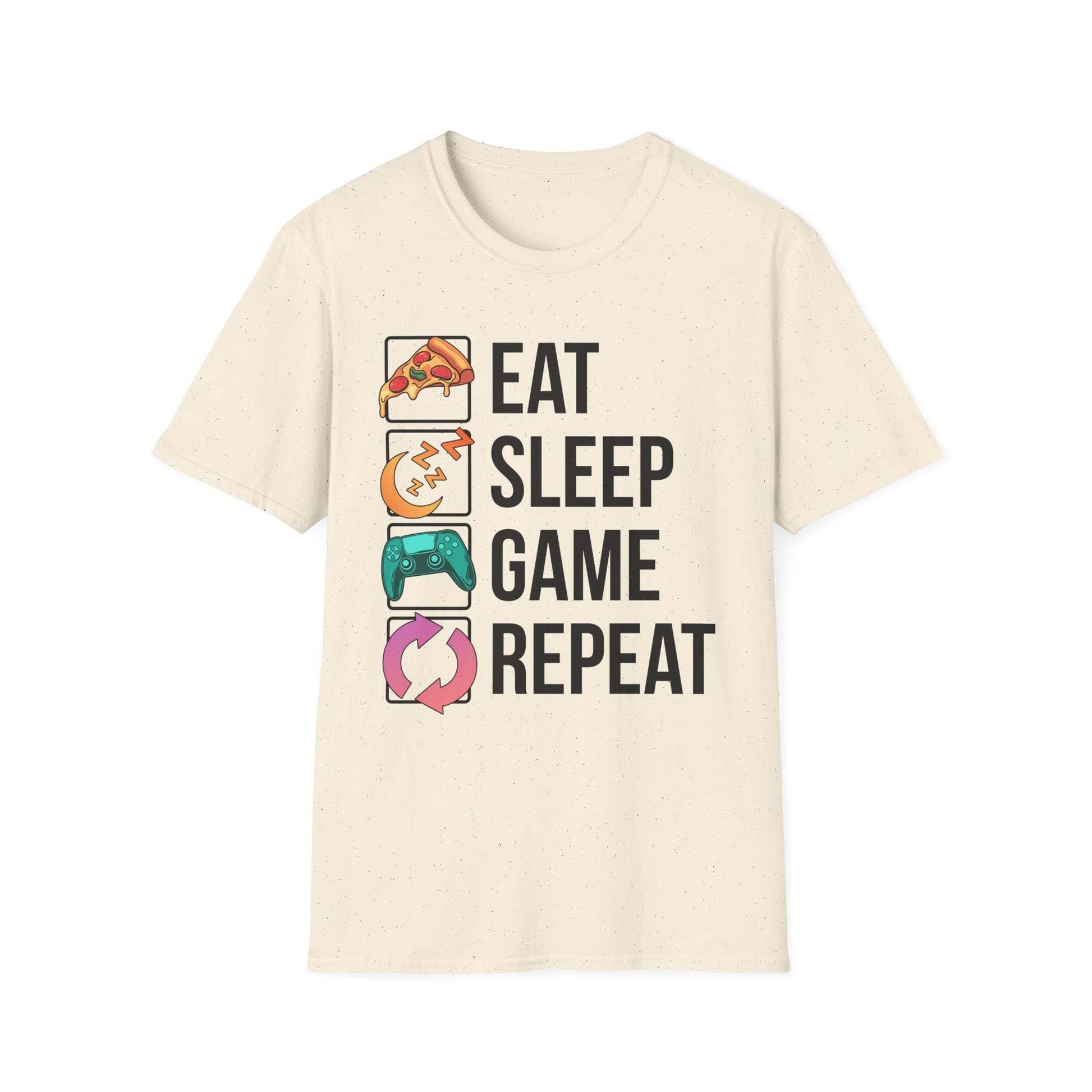 Navy unisex gamer tee featuring the Eat. Sleep. Game. Repeat. loop design