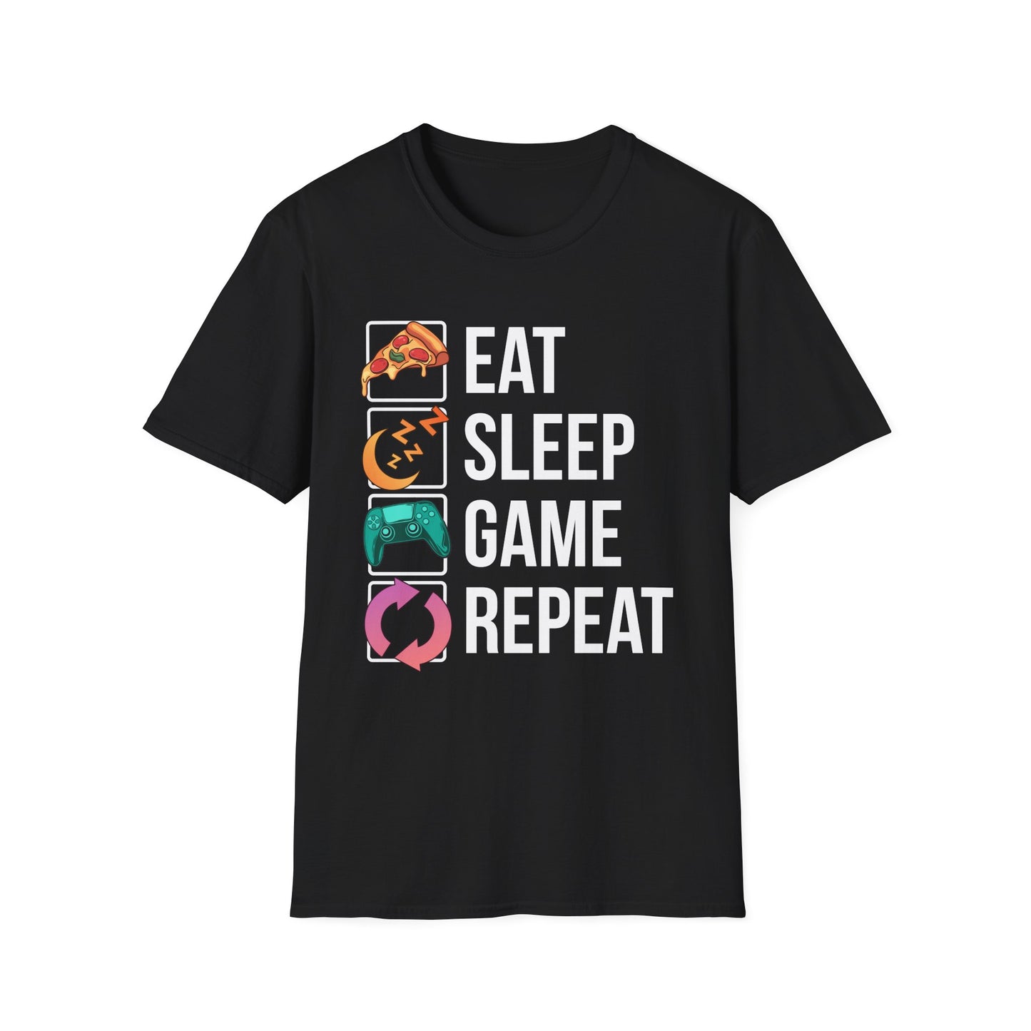 Eat. Sleep. Game. Repeat. graphic t-shirt in Sport Grey with retro pizza, sleep mode and controller icons