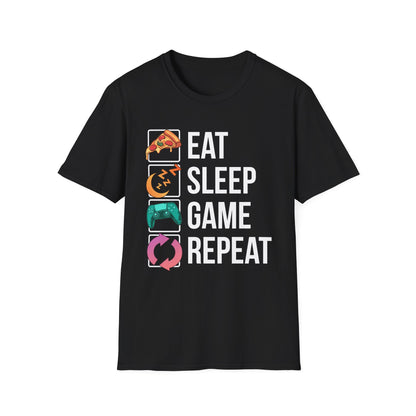 Eat. Sleep. Game. Repeat. graphic t-shirt in Sport Grey with retro pizza, sleep mode and controller icons