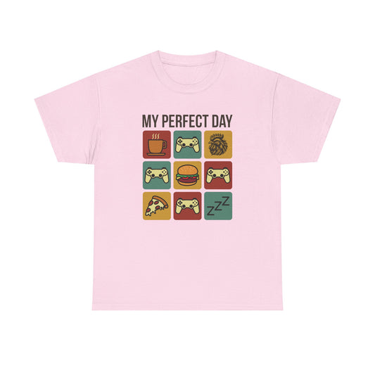 T-Shirt — My Perfect Day Gaming Icons Tee (Pizza, Burger, Controllers, Coffee)