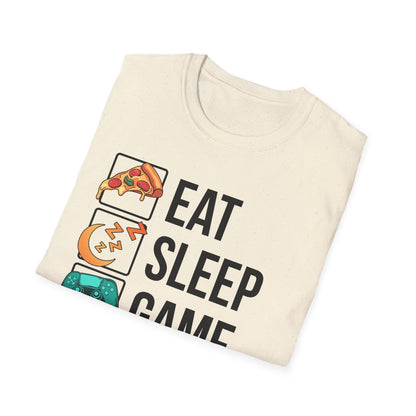 Black video game t-shirt printed with the Eat. Sleep. Game. Repeat. gaming icons