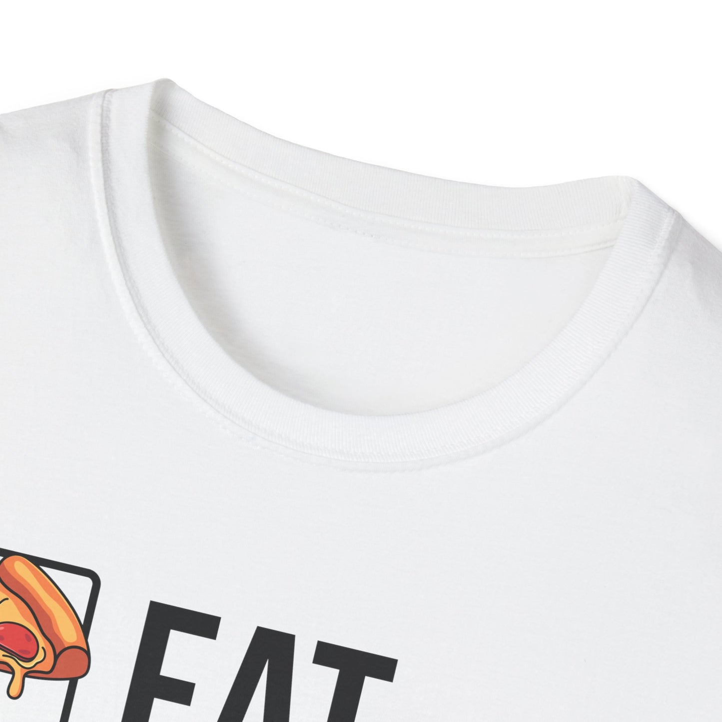 White t-shirt with a graphic of a hot dog and the word 'FAT' on a white background