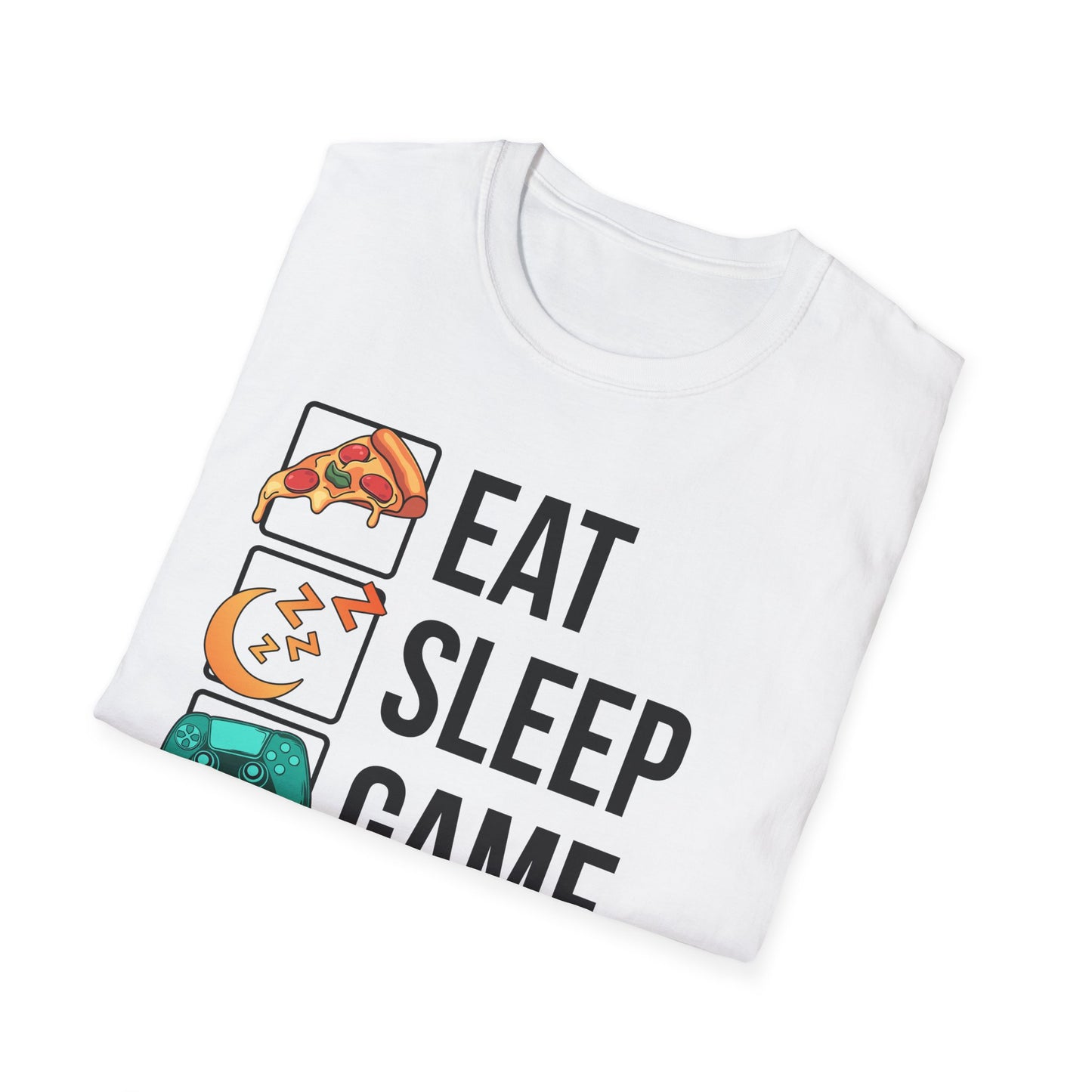 White t-shirt with 'Eat Sleep Game' graphic design on a white background