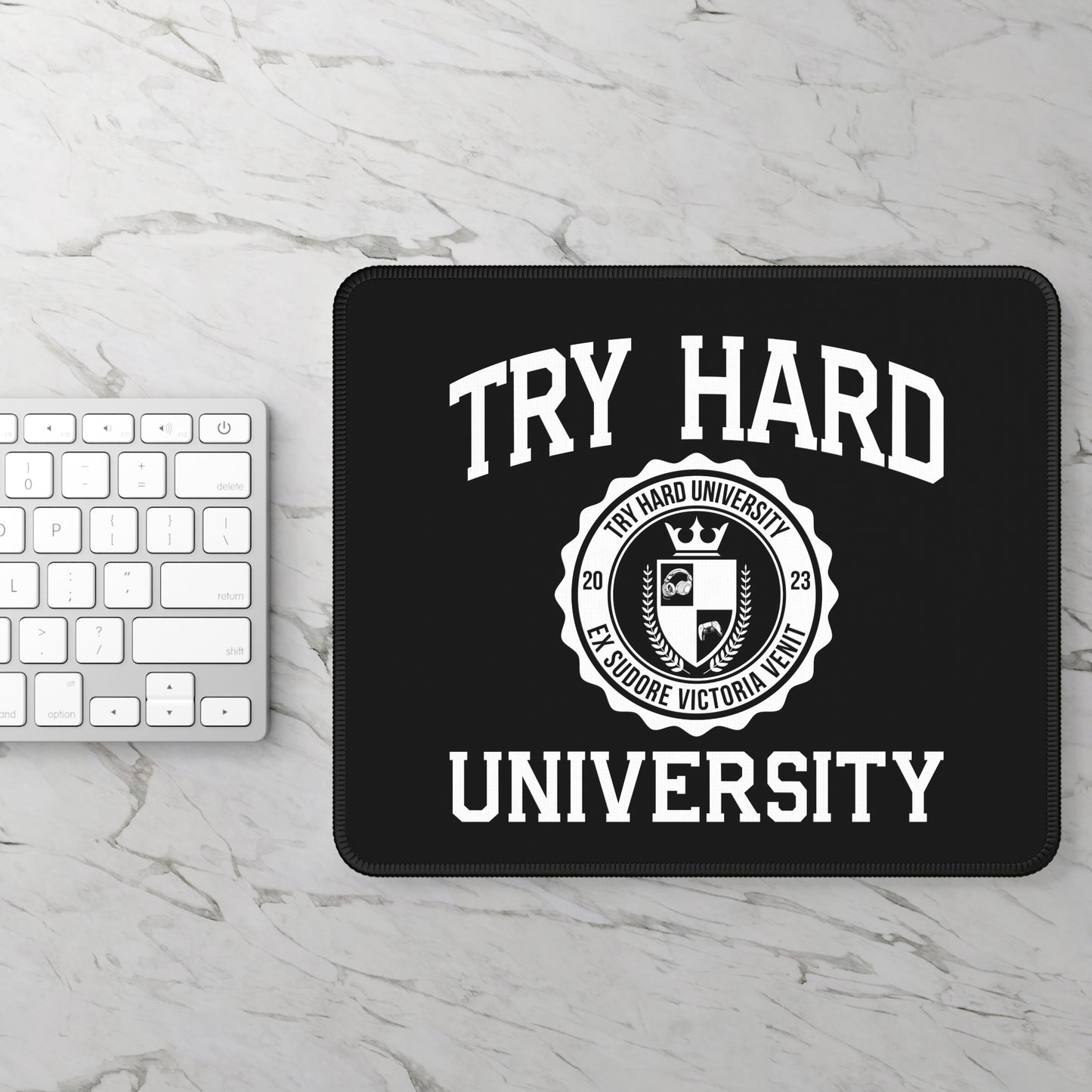 Try Hard University Crest Gaming Mouse Pad — Black Background