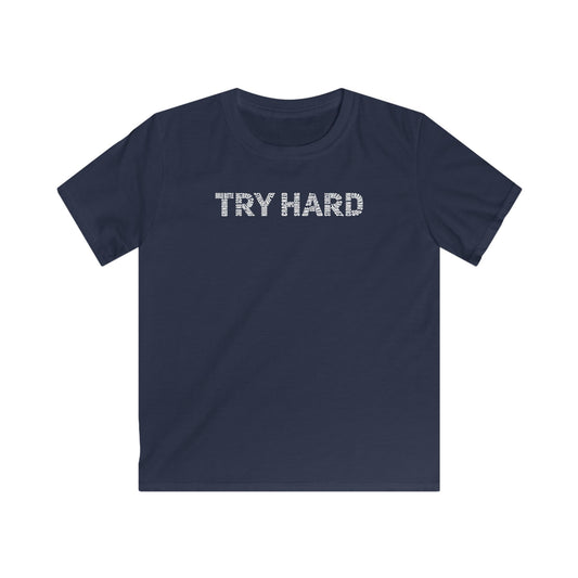Try Hard Typography -  Youth Funny T-Shirt - Kid Softstyle Tee - Retro Gamer Shirt