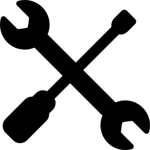 A black icon of two crossed wrenches and a screwdriver on a plain white background.