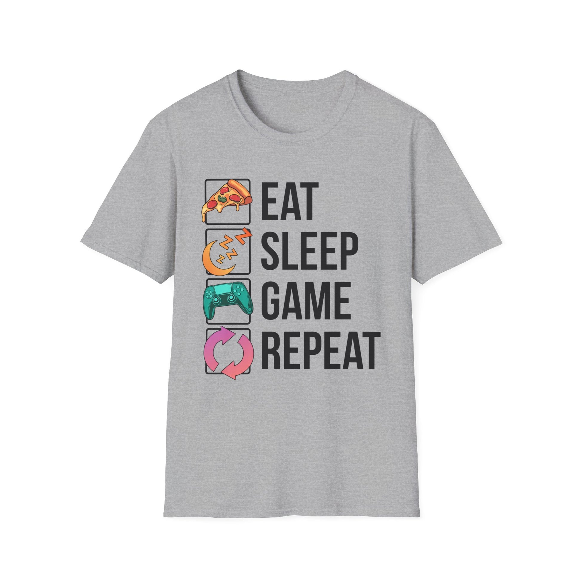 Eat. Sleep. Game. Repeat. graphic t-shirt in White with retro pizza, sleep mode and controller icons