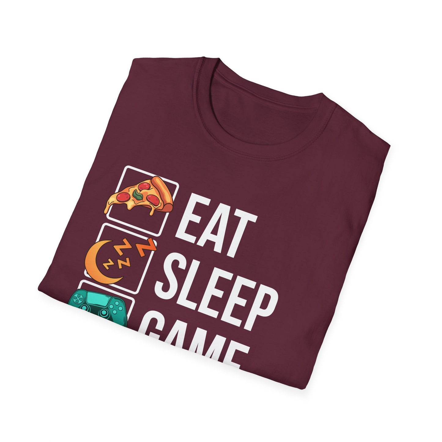 Navy video game t-shirt printed with the Eat. Sleep. Game. Repeat. gaming icons