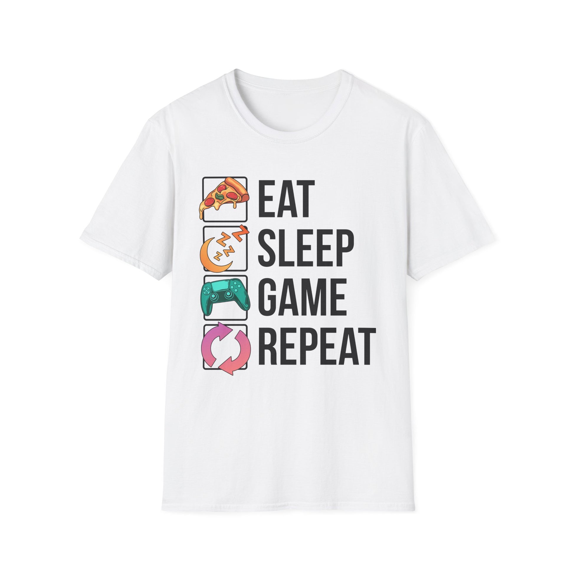 White t-shirt with 'Eat Sleep Game Repeat' text and gaming icons on a white background