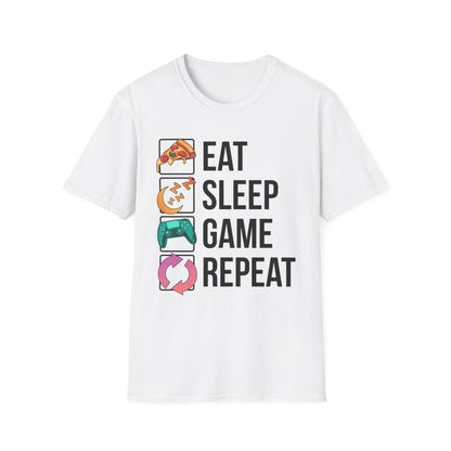 White t-shirt with 'Eat Sleep Game Repeat' text and gaming icons on a white background