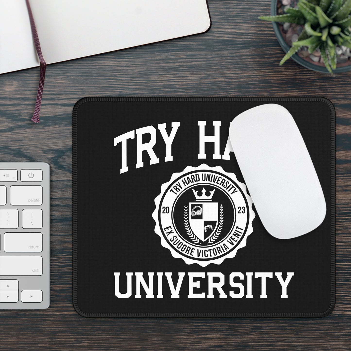 Try Hard University Crest Gaming Mouse Pad — Black Background