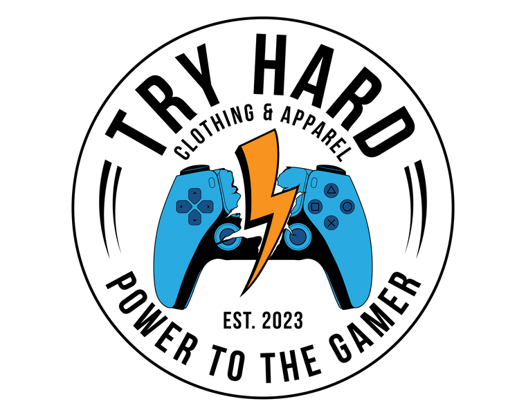 Logo for Try Hard Clothing & Apparel with gaming controllers and a lightning bolt.