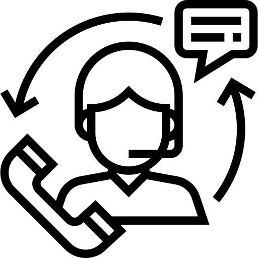 Icon of a person wearing a headset with speech bubbles and arrows, indicating communication or customer service.